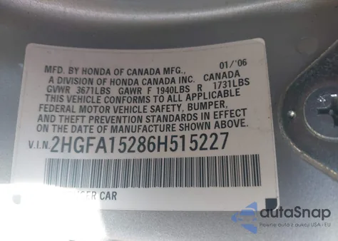 2006 Honda Civic Dx from USA, damaged, VIN 2HGFA15286H515227